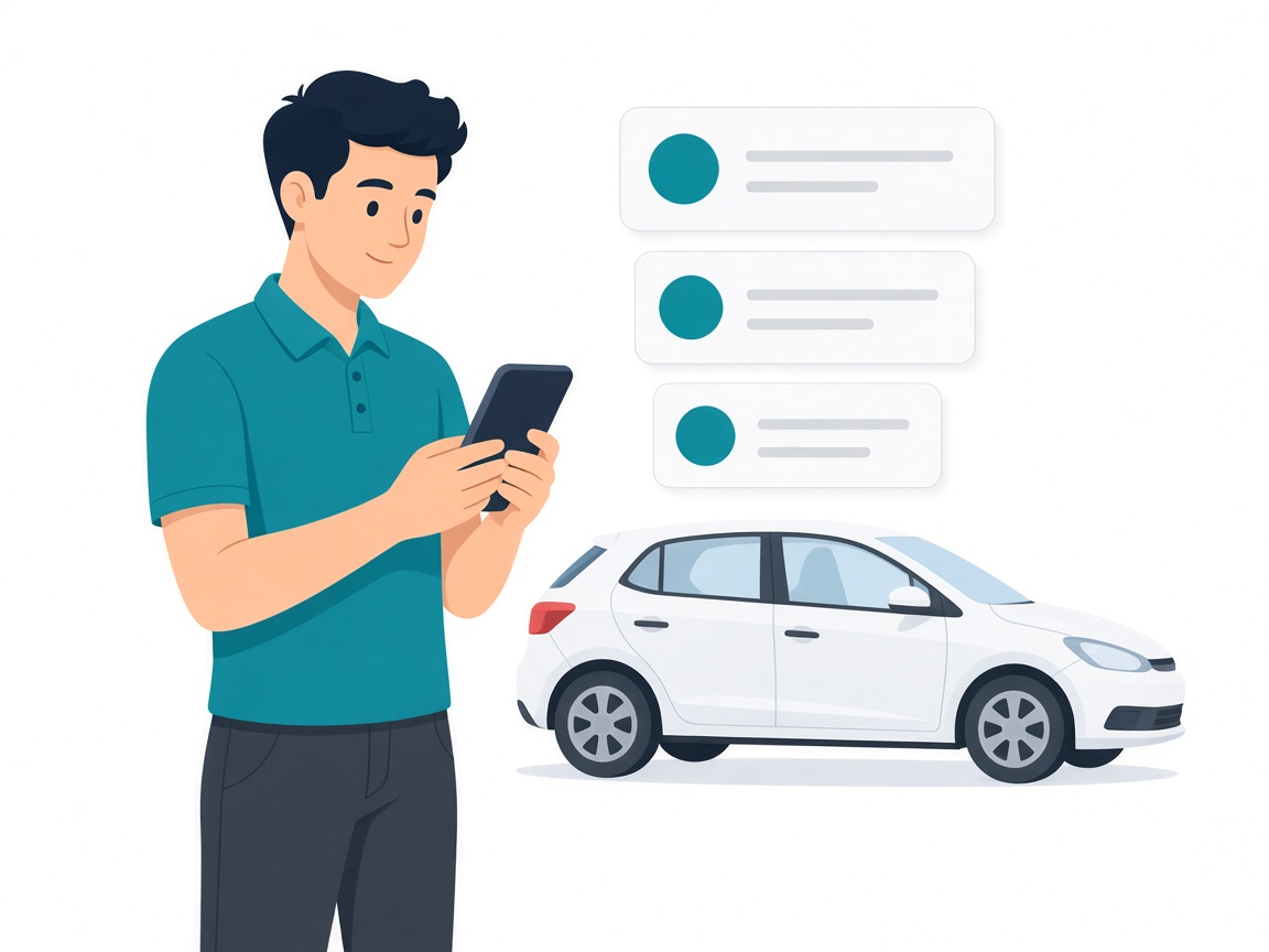 Illustration of a driver comparing windscreen quotes on a phone