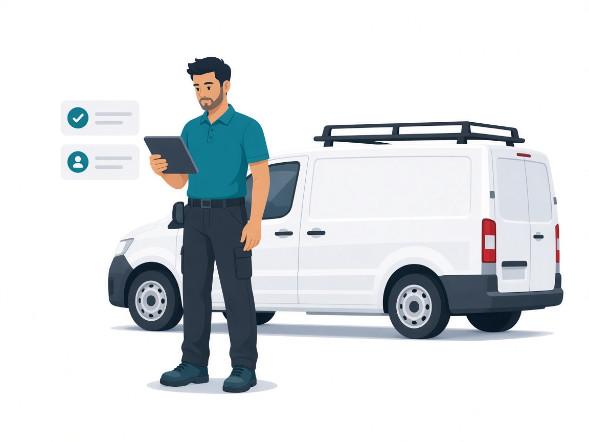 Illustration of a windscreen technician with a tablet and a van carrying glass