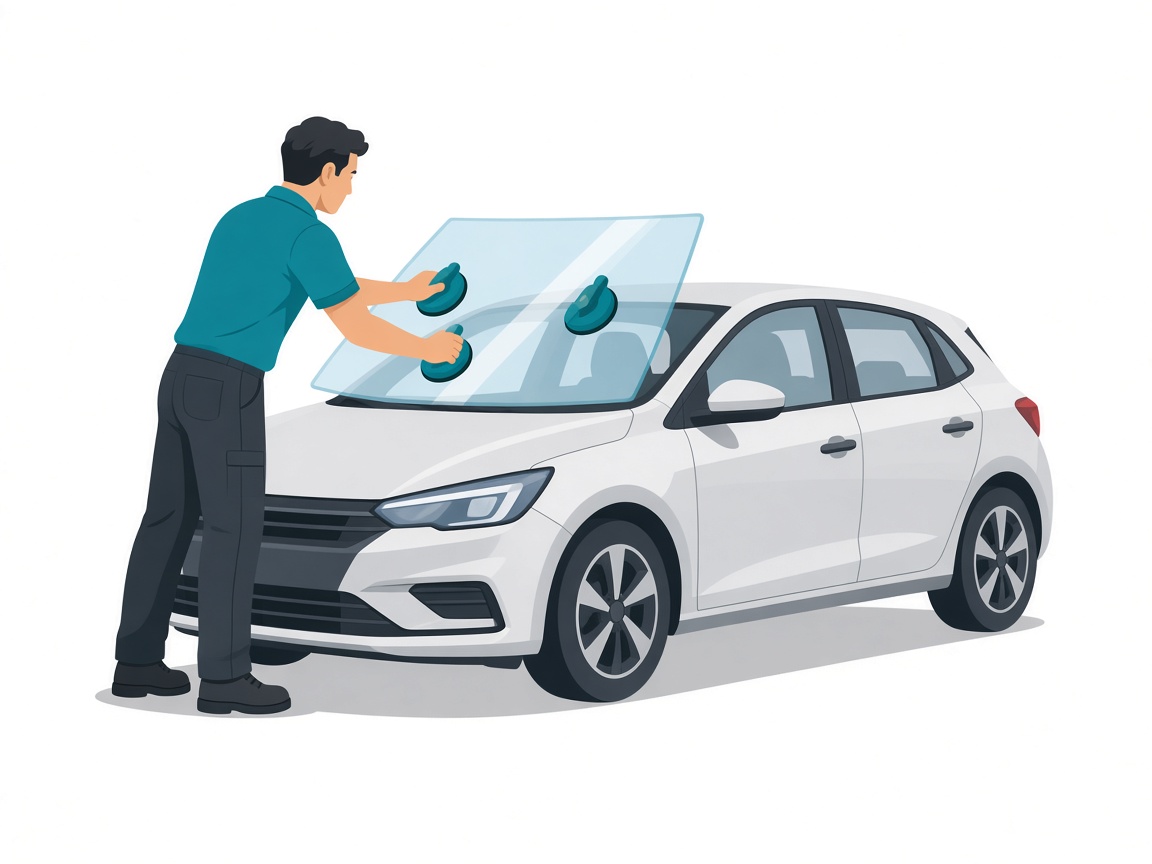 Illustration of a technician fitting a car windscreen